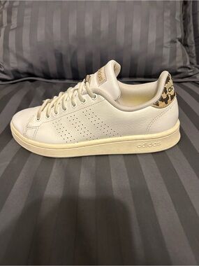 adidas White Cream Leather Sneakers with Leopard Heel Accent